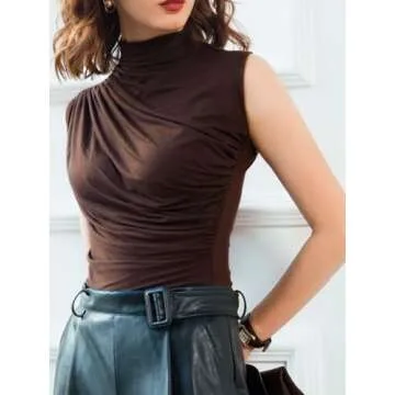 Avanova Women's Sleeveless Mock Turtleneck Tank Top Fitted Ruched Shirt Blouses Brown Tt Large