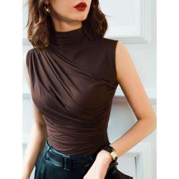Avanova Women's Sleeveless Mock Turtleneck Tank Top Fitted Ruched Shirt Blouses Brown Tt Large