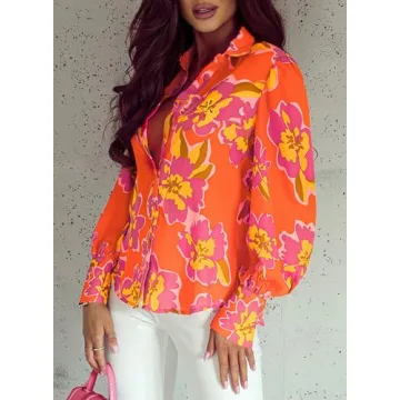 EVALESS Womens Tops Dressy Casual Summer Outfits Long Sleeve Blouses for Women Business Casaul Fall Tops Fashion 2025 Orange Button Down Shirt Sexy V Neck Clothes for Work Cute Floral Shirts,Large