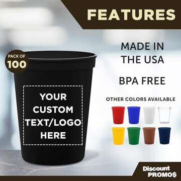 DISCOUNT PROMOS Custom Plastic Stadium Cups 16 oz. Set of 100, Personalized Bulk Pack - Perfect for ...