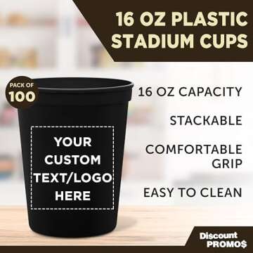 DISCOUNT PROMOS Custom Plastic Stadium Cups 16 oz. Set of 100, Personalized Bulk Pack - Perfect for Birthdays, Weddings, Picnic, Beach, Parties - Black
