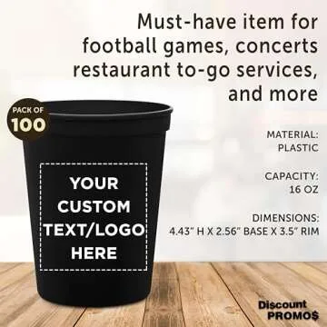 DISCOUNT PROMOS Custom Plastic Stadium Cups 16 oz. Set of 100, Personalized Bulk Pack - Perfect for Birthdays, Weddings, Picnic, Beach, Parties - Black