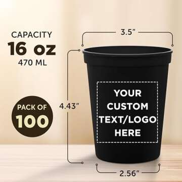 DISCOUNT PROMOS Custom Plastic Stadium Cups 16 oz. Set of 100, Personalized Bulk Pack - Perfect for Birthdays, Weddings, Picnic, Beach, Parties - Black