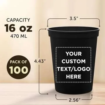 DISCOUNT PROMOS Custom Plastic Stadium Cups 16 oz. Set of 100, Personalized Bulk Pack - Perfect for Birthdays, Weddings, Picnic, Beach, Parties - Black