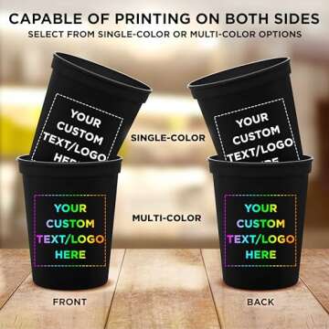 DISCOUNT PROMOS Custom Plastic Stadium Cups 16 oz. Set of 100, Personalized Bulk Pack - Perfect for Birthdays, Weddings, Picnic, Beach, Parties - Black