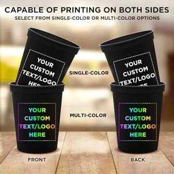 DISCOUNT PROMOS Custom Plastic Stadium Cups 16 oz. Set of 100, Personalized Bulk Pack - Perfect for Birthdays, Weddings, Picnic, Beach, Parties - Black