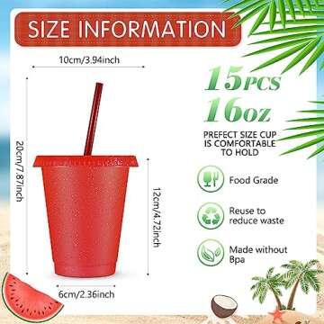 Rtteri 15 Pcs Reusable Cups with Straws and Lids 16 oz Glitter Tumblers Plastic Party Favor Cups wit...