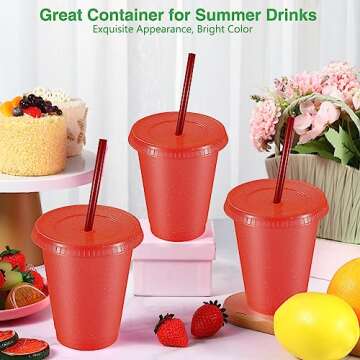 Rtteri 15 Pcs Reusable Cups with Straws and Lids 16 oz Glitter Tumblers Plastic Party Favor Cups with Lids Travel Mug Tumbler for Iced Beverage Water Parties(Red)