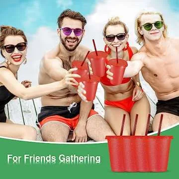 Rtteri 15 Pcs Reusable Cups with Straws and Lids 16 oz Glitter Tumblers Plastic Party Favor Cups with Lids Travel Mug Tumbler for Iced Beverage Water Parties(Red)