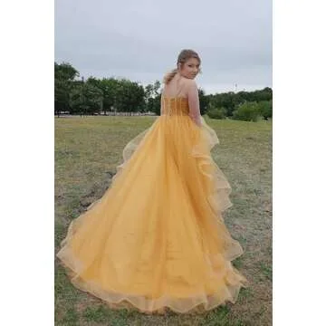 Rjer Layered Tulle Prom Dresses Ruffle A Line Ball Gowns Sweetheart Spaghetti Straps Tiered Puffy Ruffle Evening Gowns White 6