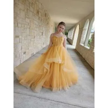 Rjer Layered Tulle Prom Dresses Ruffle A Line Ball Gowns Sweetheart Spaghetti Straps Tiered Puffy Ruffle Evening Gowns White 6