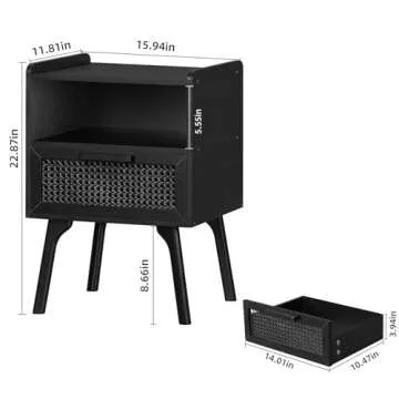 Lerliuo Rattan Nightstand, Side Table with Drawer Open Shelf, Cane Accent Bedside End Table with Solid Wood Legs, Mid Century Modern Night Stand for Bedroom, Dorm and Small Spaces (Black)