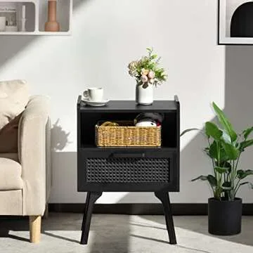 Lerliuo Rattan Nightstand, Side Table with Drawer Open Shelf, Cane Accent Bedside End Table with Solid Wood Legs, Mid Century Modern Night Stand for Bedroom, Dorm and Small Spaces (Black)