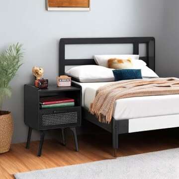 Lerliuo Rattan Nightstand, Side Table with Drawer Open Shelf, Cane Accent Bedside End Table with Solid Wood Legs, Mid Century Modern Night Stand for Bedroom, Dorm and Small Spaces (Black)