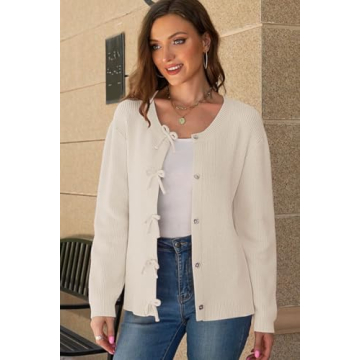 kipfall Women's Elegant Bow Button Cardigan Sweater