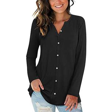 Aniywn Women's Solid Henley Shirt - Casual V Neck Top for Work and Play