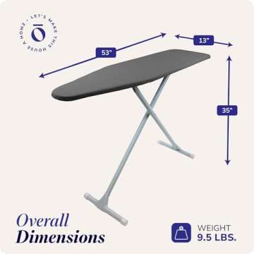 HOMZ T-Leg Clothes Ironing Board, Compact Foldable Standard Size Adjustable Height with Foam Pad & C...
