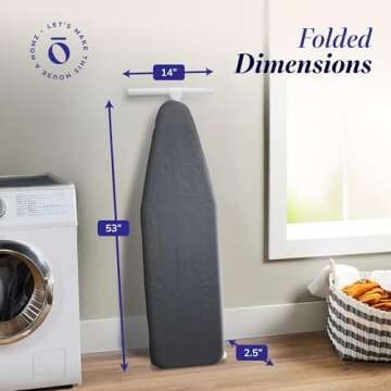 HOMZ T-Leg Clothes Ironing Board, Compact Foldable Standard Size Adjustable Height with Foam Pad & Cotton Cover, Charcoal Gray