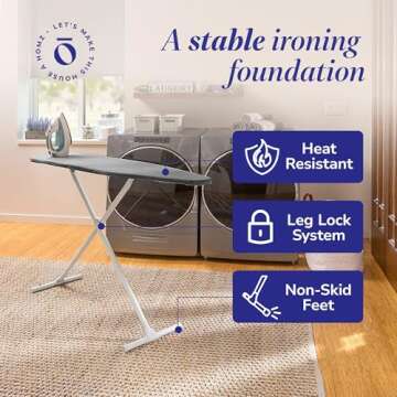 HOMZ T-Leg Clothes Ironing Board, Compact Foldable Standard Size Adjustable Height with Foam Pad & Cotton Cover, Charcoal Gray