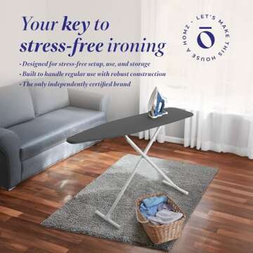 HOMZ T-Leg Clothes Ironing Board, Compact Foldable Standard Size Adjustable Height with Foam Pad & Cotton Cover, Charcoal Gray