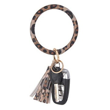 Coolcos Key Ring Bracelets Wristlet Keychain Bangle Keyring - Large Circle Leather Tassel Bracelet Holder For Women Gift (A Leopard)
