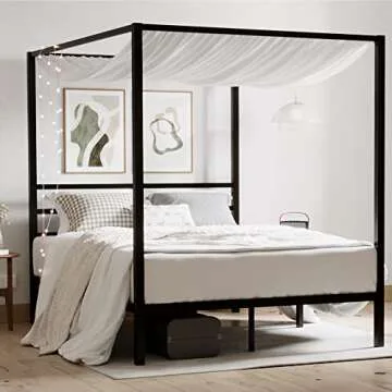 ikalido Full Size Metal Canopy Bed Frame, Modern Four-Poster Platform Bed Frame, Mattress Foundation, Under-Bed Storage Space, No Box Spring Needed, Black