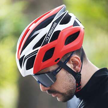 MOKFIRE Adult Bike Helmets with Rechargeable USB Light, Bicycle Helmet Men Women, Road Cycling & Mountain Biking Helmet with Removable Visor and Lining, 22.05-24.41 Inches (Red)