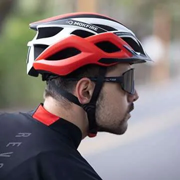 MOKFIRE Adult Bike Helmets with Rechargeable USB Light, Bicycle Helmet Men Women, Road Cycling & Mountain Biking Helmet with Removable Visor and Lining, 22.05-24.41 Inches (Red)