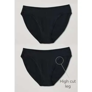 Pact Women's Bikini Underwear, Classic Fit Organic Cotton Panties with High Cut Leg, 2 Pack, Black/Black