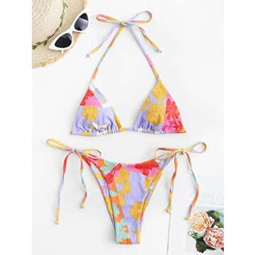 ZAFUL Triangle Bikini for Women 2 Piece Halter Bikini Sets Sexy High Cut Bathing Suit Side Tie Swimsuits Purplr Floral S