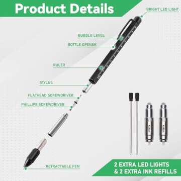Gifts for Him, 9 in 1 Multitool Pen with LED Light - Perfect for Adventurers & DIYers