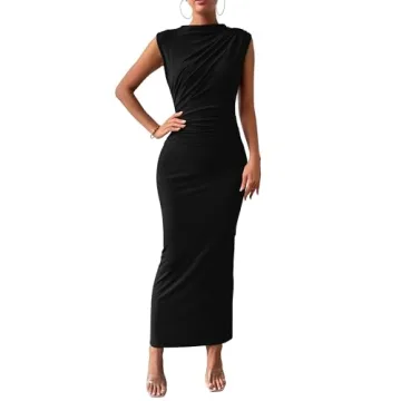 BTFBM Women's Ruched Bodycon Dress Summer Casual Sleeveless Back Slit Elegant Club Evening Party Coc...