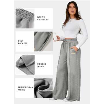 Aleumdr Wide Leg Sweatpants for Women Elastic High Waisted Drawstring Loose Pants with Pockets Casual Long Pants Gray Leather Label Large