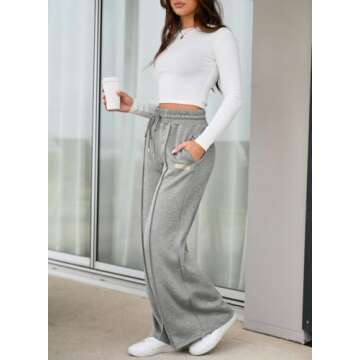 Aleumdr Wide Leg Sweatpants for Women Elastic High Waisted Drawstring Loose Pants with Pockets Casual Long Pants Gray Leather Label Large