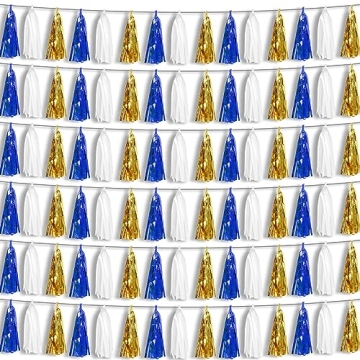 6P Navy-Blue White-Gold Foil Fringe Metallic Tassel-Garland, Tassels Banner Streamers for Parade Flo...