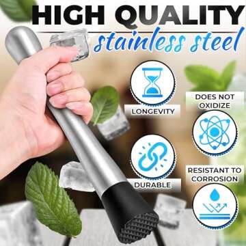 8 Inches Professional Muddler for Cocktails Set - Stainless Steel Muddler Old Fashioned Cocktail Kit Ice Crusher - Cocktail Set Bartender Kit for Home Bar - Fruit Crusher for Mojito