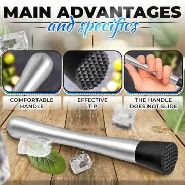 8 Inches Professional Muddler for Cocktails Set - Stainless Steel Muddler Old Fashioned Cocktail Kit Ice Crusher - Cocktail Set Bartender Kit for Home Bar - Fruit Crusher for Mojito