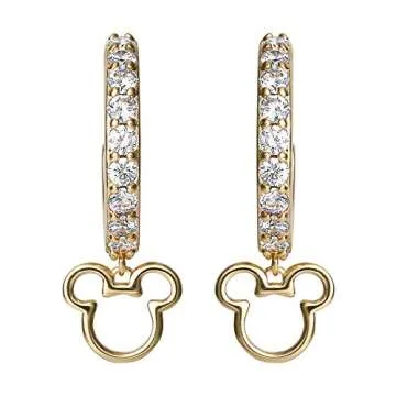 Disney Mickey Mouse Hoop Earrings for Women Official License, Gold Flash-Plated Cubic Zirconia Hoops with Mickey Dangle Charm