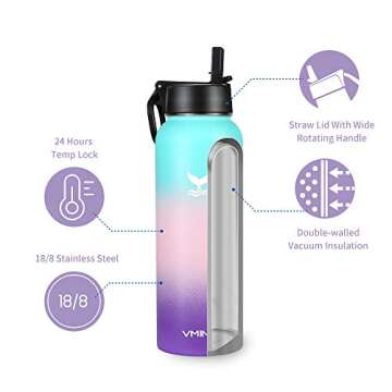 Vmini Water Bottle with Straw, Wide Rotating Handle Straw Lid, Wide Mouth Double Walled Vacuum Insulated Stainless Steel Water Bottle, Gradient Mint+Pink+Purple, 40 oz