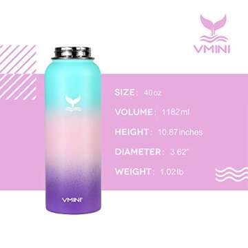 Vmini Water Bottle with Straw, Wide Rotating Handle Straw Lid, Wide Mouth Double Walled Vacuum Insulated Stainless Steel Water Bottle, Gradient Mint+Pink+Purple, 40 oz