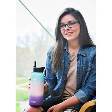 Vmini Water Bottle with Straw, Wide Rotating Handle Straw Lid, Wide Mouth Double Walled Vacuum Insulated Stainless Steel Water Bottle, Gradient Mint+Pink+Purple, 40 oz