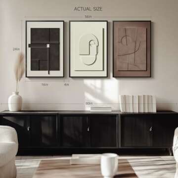 Framed Modern Abstract 3D Textured Wall Art for Living Room, Large 3-Piece Neutral Artwork for Walls, Geometric Brown White Textured Wall Art Sandstone Painting Prints for Bedroom Guest Room Hallway Home Office Decor 16x24 Inch
