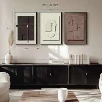 Framed Modern Abstract 3D Textured Wall Art for Living Room, Large 3-Piece Neutral Artwork for Walls, Geometric Brown White Textured Wall Art Sandstone Painting Prints for Bedroom Guest Room Hallway Home Office Decor 16x24 Inch