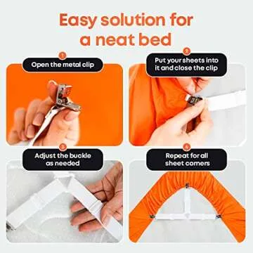 5 STARS UNITED Bed Sheet Straps Set | Easy to Use Adjustable Elastic Fasteners with Metal Clips | Sheet Holders for Corners | Fitted Sheet Clips to Hold Sheets in Place | (4 Pcs White)