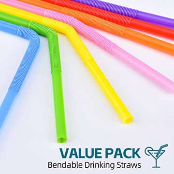 SONGNASS 100PCS Flexible Plastic Straws, Colorful Disposable Bendy Party Fancy Straws12.8inch Extra Long Straws Party Decorations