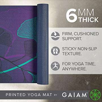Gaiam Yoga Mat Premium Print Extra Thick Non Slip Exercise & Fitness Mat for All Types of Yoga, Pilates & Floor Workouts, Lily Shadows, 6mm