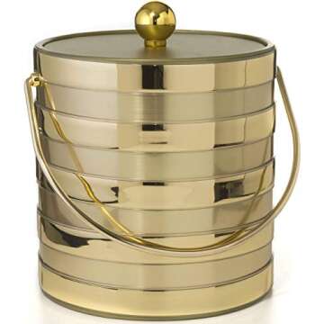 Hand Made In USA Matte/Shiny Brushed Gold Stripes Double Walled 3-Quart Insulated Ice Bucket With Ic...
