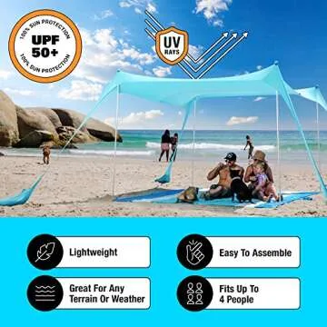 SUN NINJA Pop Up Beach Tent Sun Shelter UPF50+ with Sand Shovel, Ground Pegs and Stability Poles, Ou...