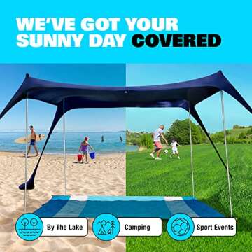 SUN NINJA Pop Up Beach Tent Sun Shelter UPF50+ with Sand Shovel, Ground Pegs and Stability Poles, Outdoor Shade for Camping Trips, Fishing, Backyard Fun or Picnics (7x7.5 FT 4 Pole, Royal Blue)