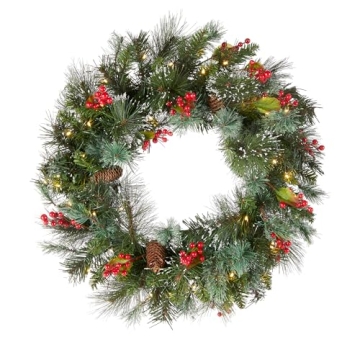 National Tree Company 24-Inch Pre-Lit Christmas Wreath with Pine Cones, Decorative Berry Clusters, a...